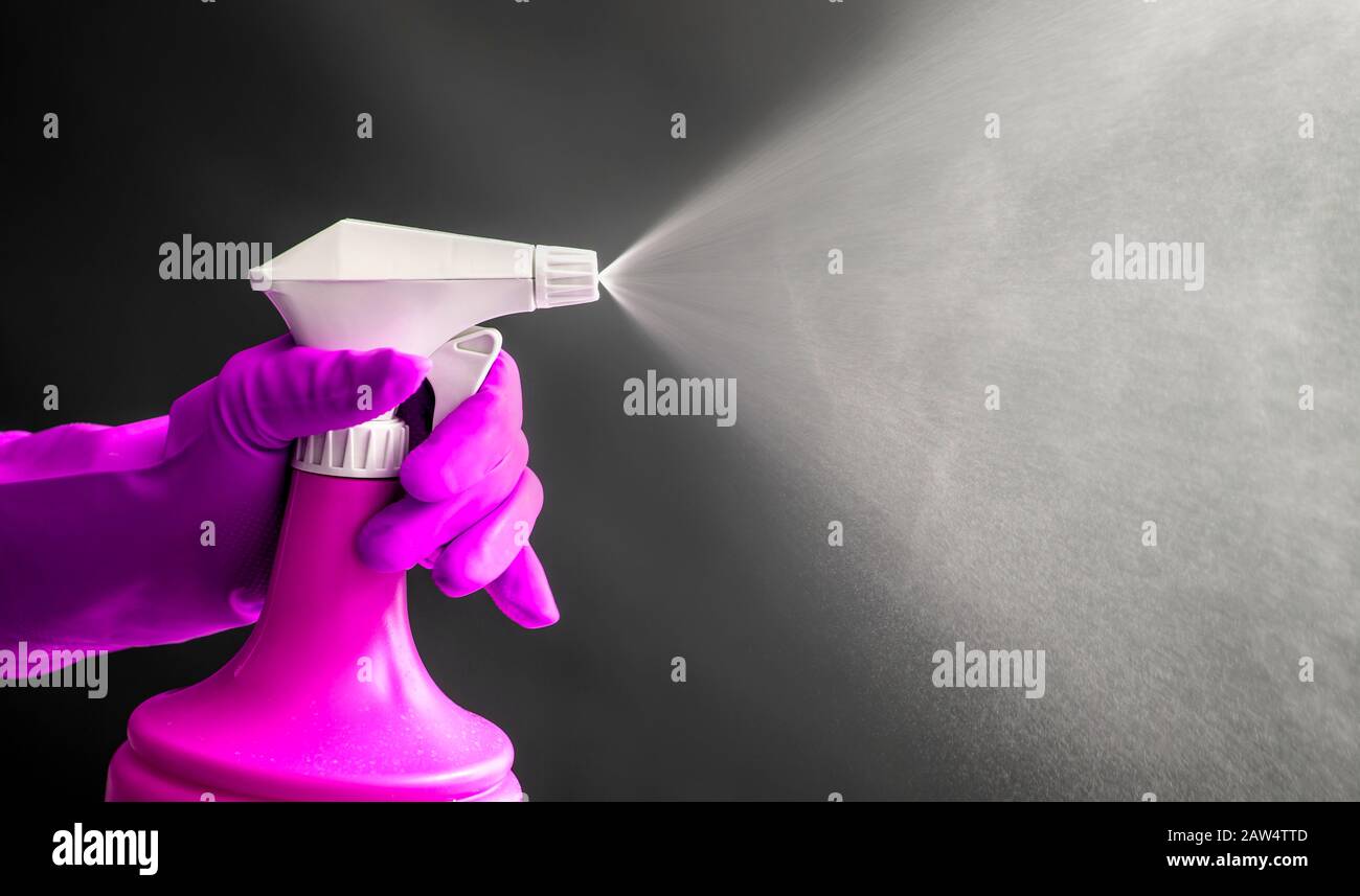 Femme portant des gants en caoutchouc rose à l'aide d'une vaporisateur rose et vaporisant de la brume liquide dans l'air, effet d'éclairage frais. Beaucoup d'espace de copie. Banque D'Images