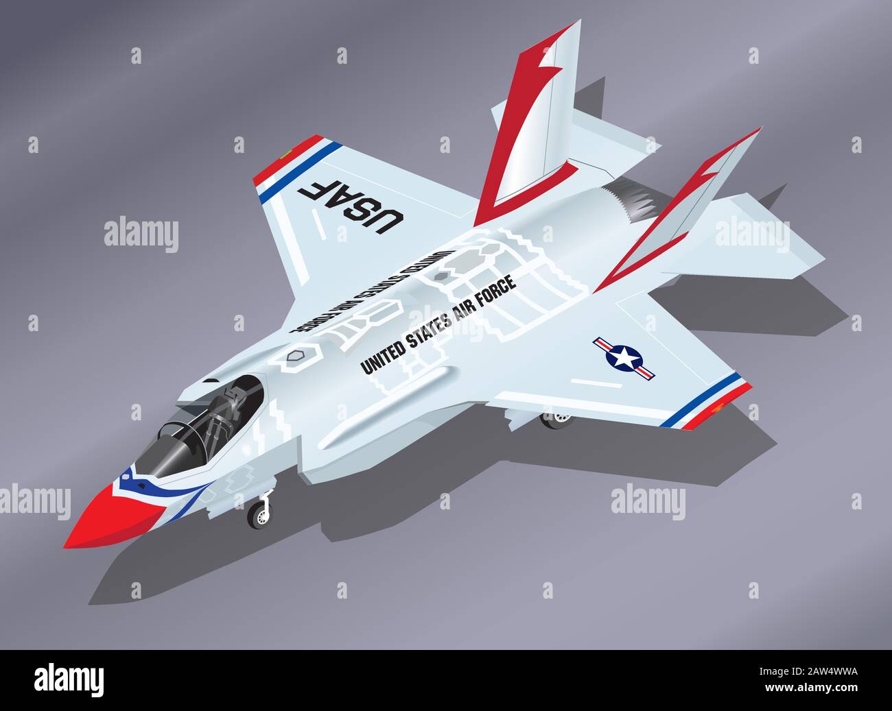 Illustration vectorielle isométrique détaillée d'un jet de chasse F-35 Lightning II stationné dans le schéma de peinture d'équipe d'Aérobatique Thunderbirds Illustration de Vecteur