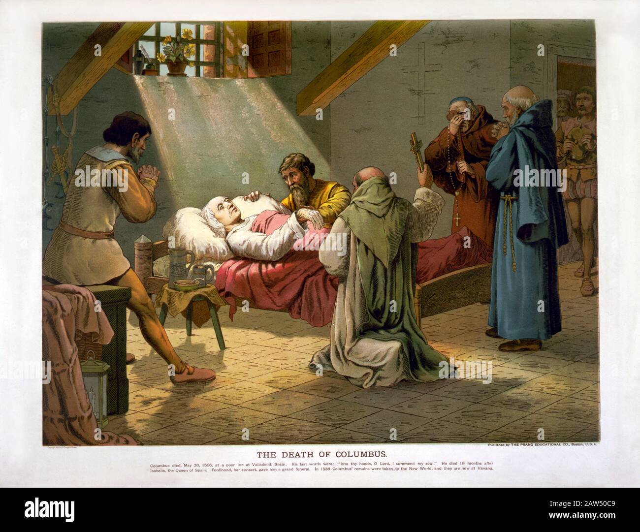 L'esplorer italien CHRISTOPHER COLUMBUS ( CRISTOFORO COLOMBO , Genova 1451 - Vallalolid 1506 ) . La mort de Columbus dans un cromolithograp américain Banque D'Images