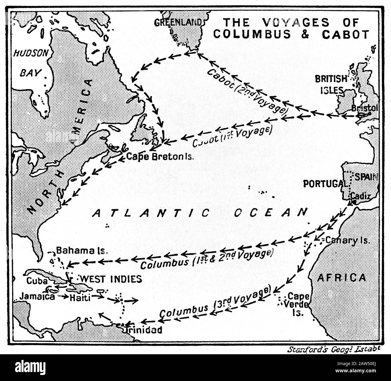 1931 : l'esplorer italien CHRISTOPHER COLUMBUS ( CRISTOFORO COLOMBO , 1451 - 1506 ). Carte des voyages de Columbus et Cabot .Du livre ' Sket Banque D'Images