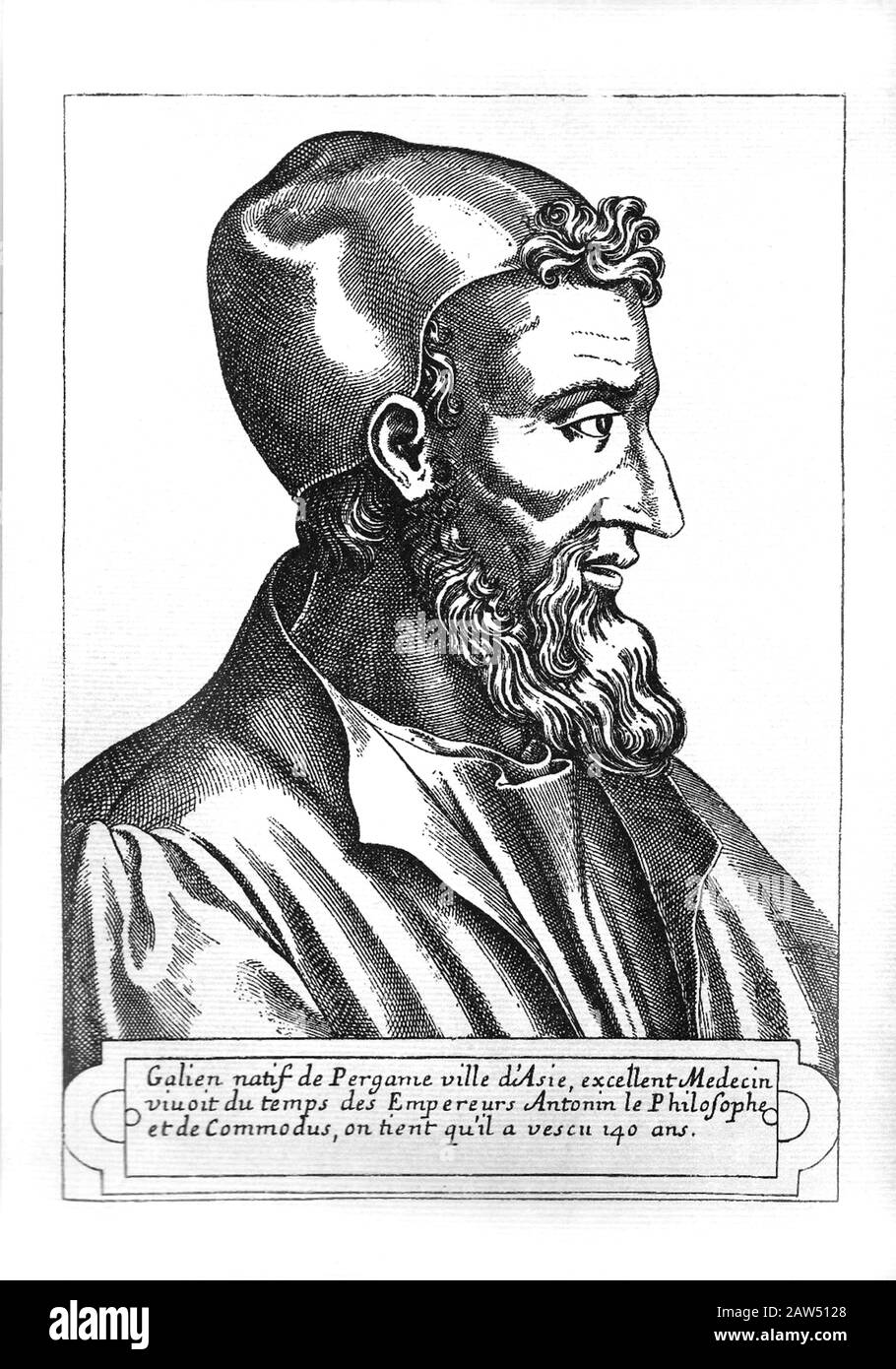 1600 CA , FRANCE : Le grec GALENO di Pergamo ( 129 - 201 ), portrait de fantaisie gravé au XVIIe siècle pour un livre français non identifié . Était physicia Banque D'Images