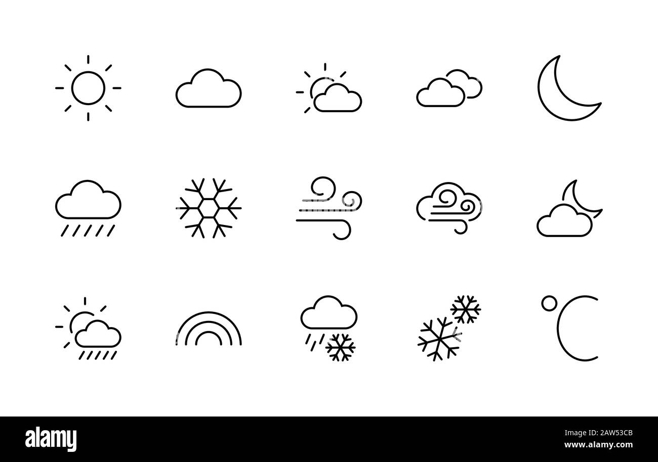 Ensemble d'icônes de ligne vectorielles météo. Contient des symboles du soleil, des nuages, des flocons de neige, du vent, de l'arc-en-ciel, de la lune et bien plus encore. Contour Modifiable. 32 x 32 pixels. Illustration de Vecteur