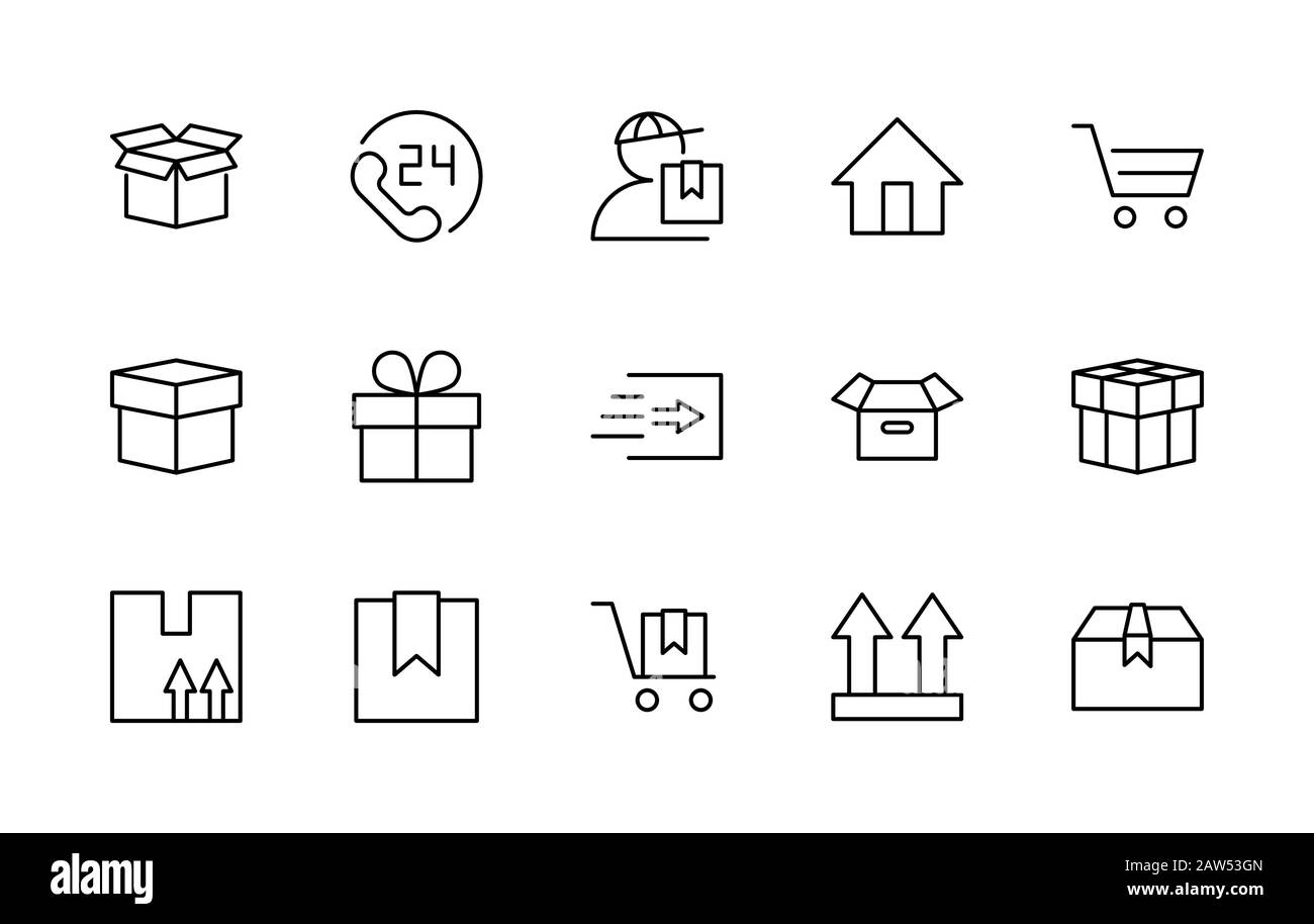 Ensemble d'icônes de ligne vectorielle d'expédition. Il contient des symboles pour la boîte, la maison et bien plus encore. Contour Modifiable. 32 x 32 pixels. Illustration de Vecteur