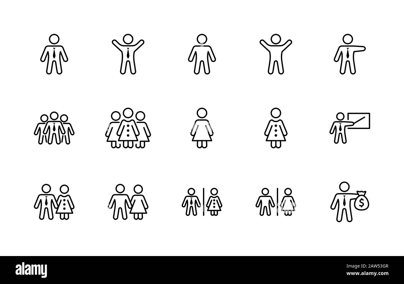 Ensemble d'icônes de lignes vectorielles de personnes. Il contient les symboles d'un homme, d'une femme, d'une famille, d'une toilette, d'un homme d'affaires, d'un professeur et bien plus encore. Modifiable Illustration de Vecteur