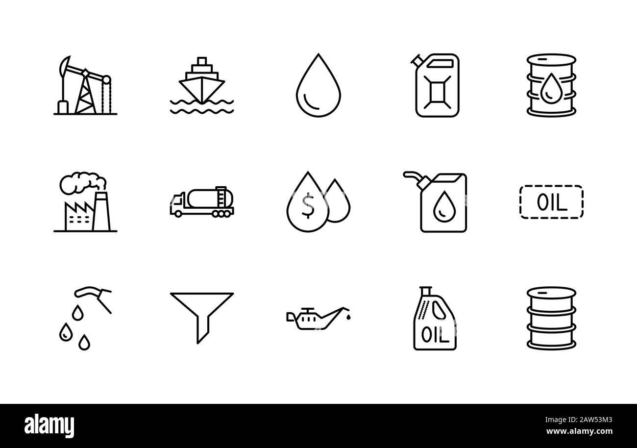 Ensemble D'Icônes De Ligne Vectorielle Liées À L'Huile. Contient des icônes telles Que camion à carburant, station-service, usine de pétrole, transport et plus encore. Contour Modifiable. 32 x 32 Illustration de Vecteur