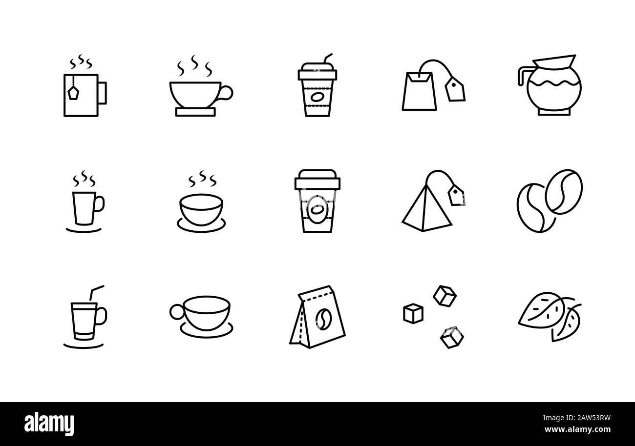 Ensemble D'Icônes De La Gamme Vector Café Et Thé. Contient des icônes telles que la tasse de thé, Les Théière, les grains de café et Les Feuilles de thé vert, un pichet d'eau, du sucre Illustration de Vecteur