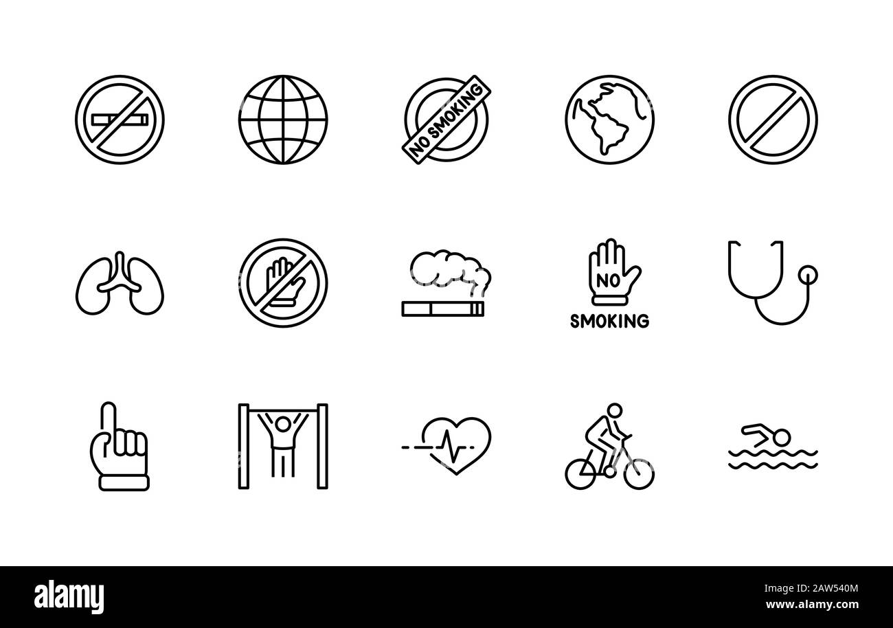 Icônes Vectorielles Internationales Sans Tabac. Contient des icônes telles Que Les Poumons, les cigares, Les Cigarettes, le tabagisme, le Globe, le renoncement au tabac et bien plus encore Illustration de Vecteur