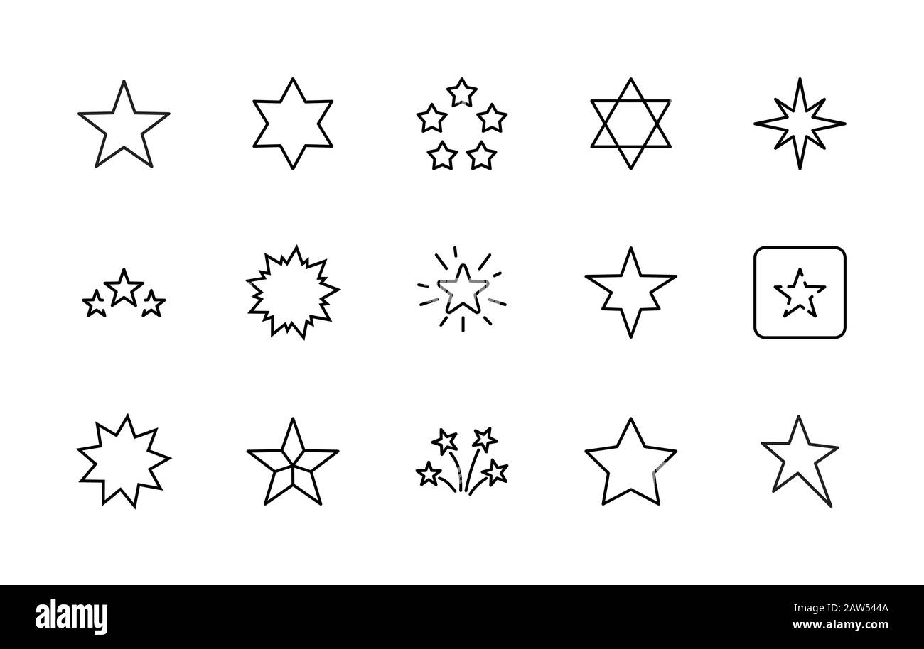 Ensemble D'Icônes De Lignes Vectorielles Stars. Contient des icônes telles que Starry nuit, chute d'étoile, feu de feu, secousses, lueur, éclat de paillettes et plus encore. Présenter les panneaux pour Illustration de Vecteur
