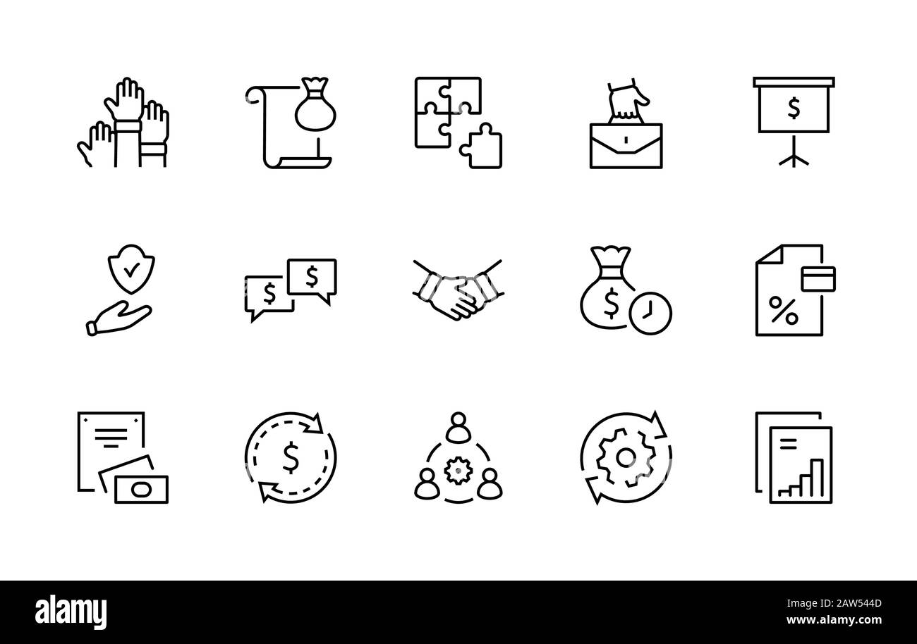 Ensemble D'Icônes Vectorielles De Coopération Commerciale. Contient Des Icônes Telles Que Puzzle, Partnership, Money, Handshake, Dollars, Team, Synergy, Work, Interaction Illustration de Vecteur