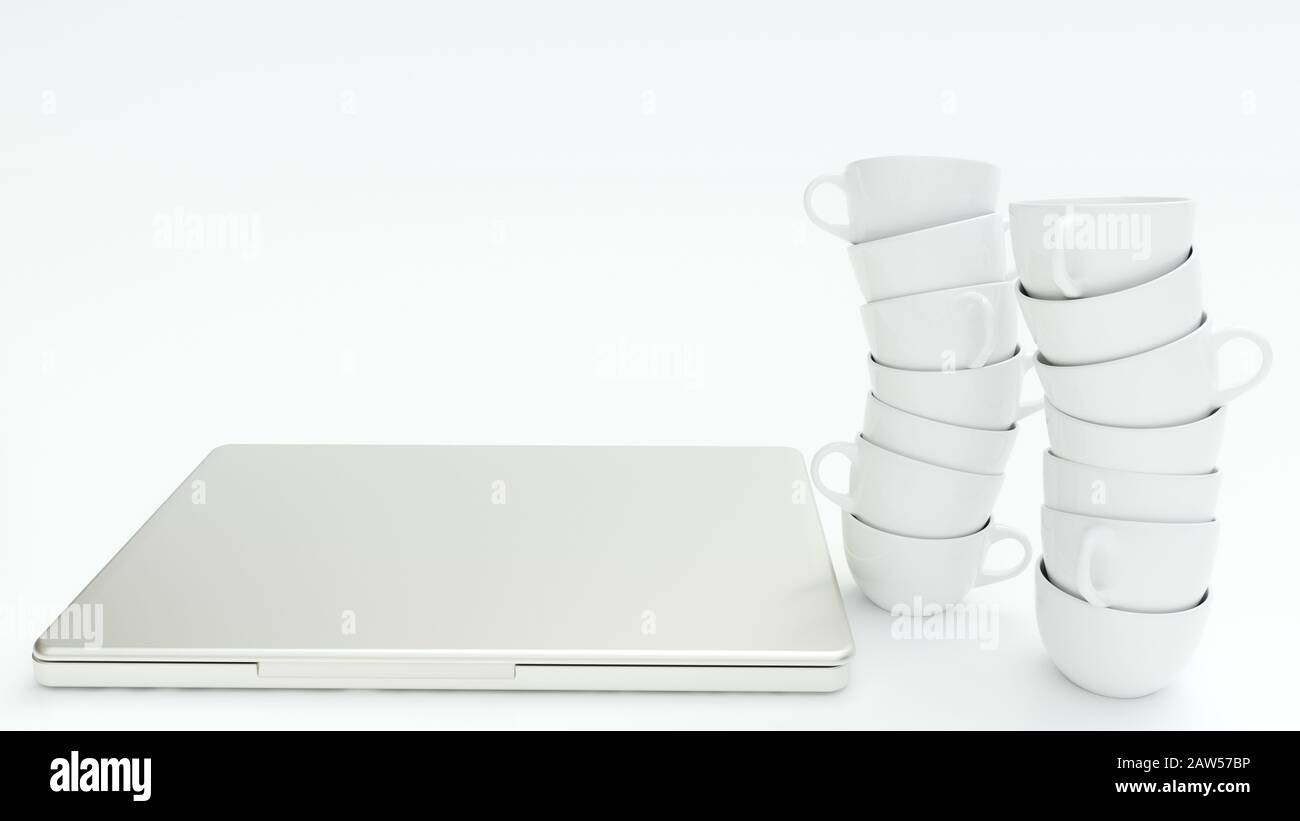 De nombreuses tasses à café vides se tiennent autour d'un ordinateur portable - 3D Rendering Banque D'Images