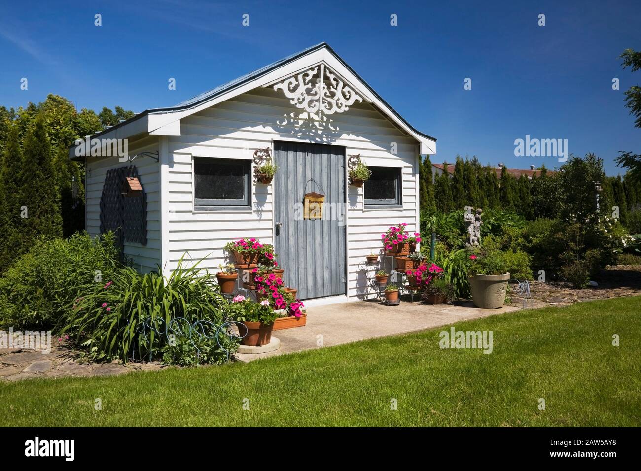 Hangar de stockage de luxe décoré avec des fleurs de Petunia x hybrida "Purple Wave" dans des planteuses en terre cuite dans le jardin de campagne de l'arrière-cour au printemps. Banque D'Images