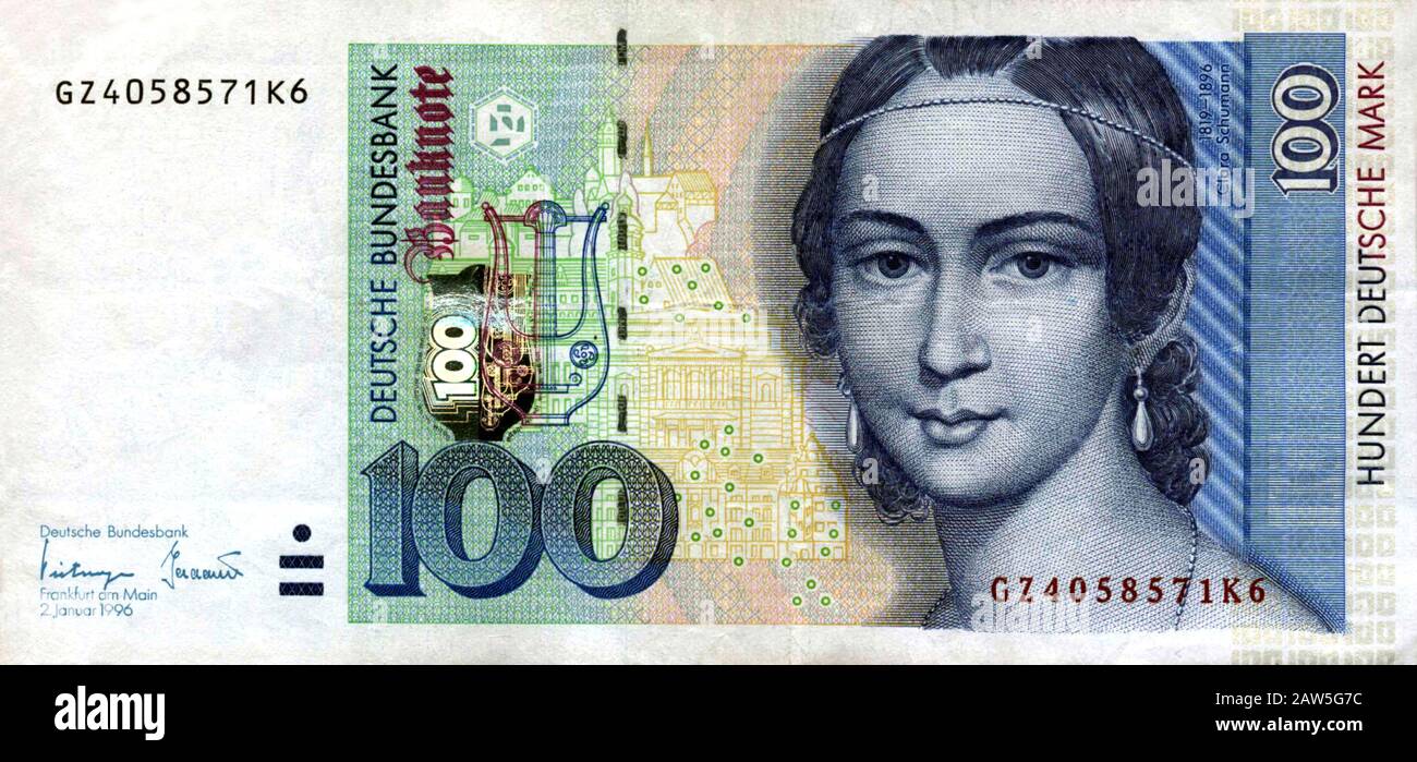 1996 , ALLEMAGNE : LE pianiste allemand et compositeur de musique CLARA SCHUMANN ( née WIECK , 1819 - 1896 ) sur 100 Deutsche Mark banconote. Femme de Rob Banque D'Images