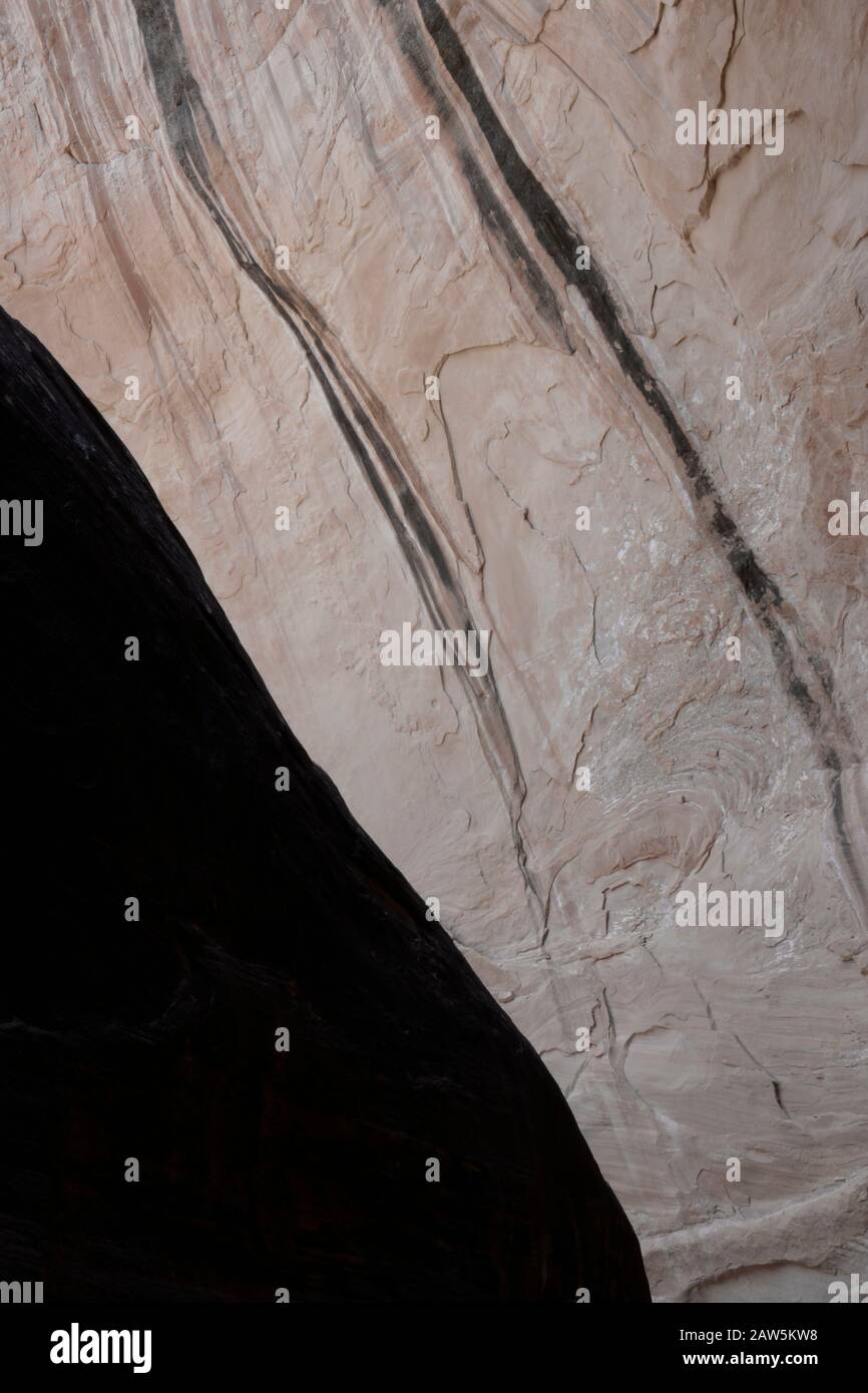 Des lignes courbes de vernis désertique décorent un mur de canyon. Banque D'Images