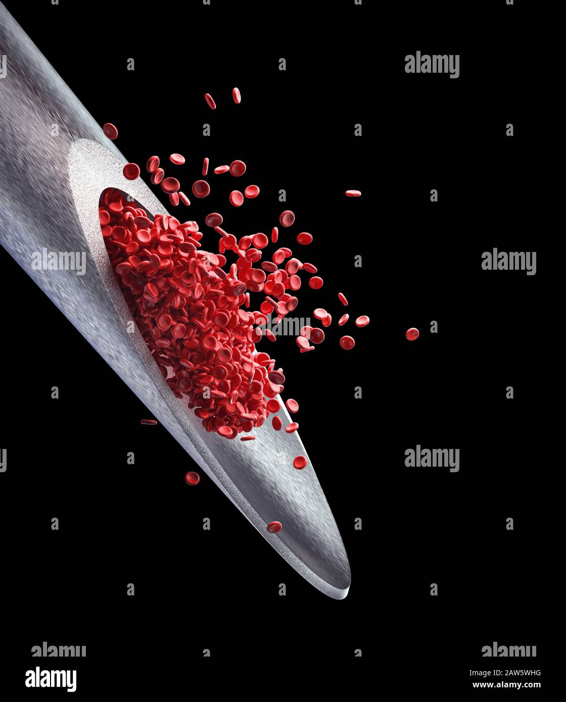 Aiguille d'injection avec globules rouges dépassant de la pointe. Illustration tridimensionnelle, image conceptuelle de la médecine et des études scientifiques. Le chemin d'écrêtage inclut Banque D'Images