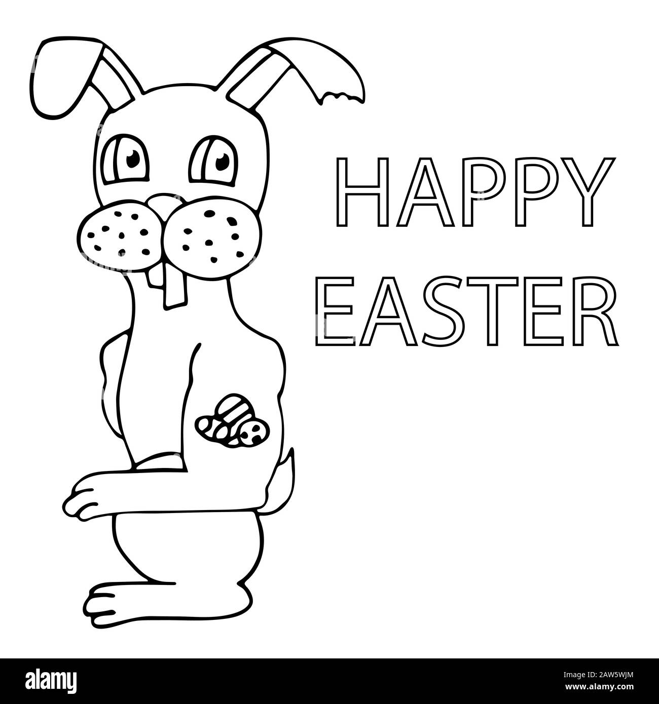 sympa dessin animé lapin de pâques avec tatouage d'œufs de pâques. joyeuses pâques. fond blanc isolé contour illustration vectorielle de stock Illustration de Vecteur