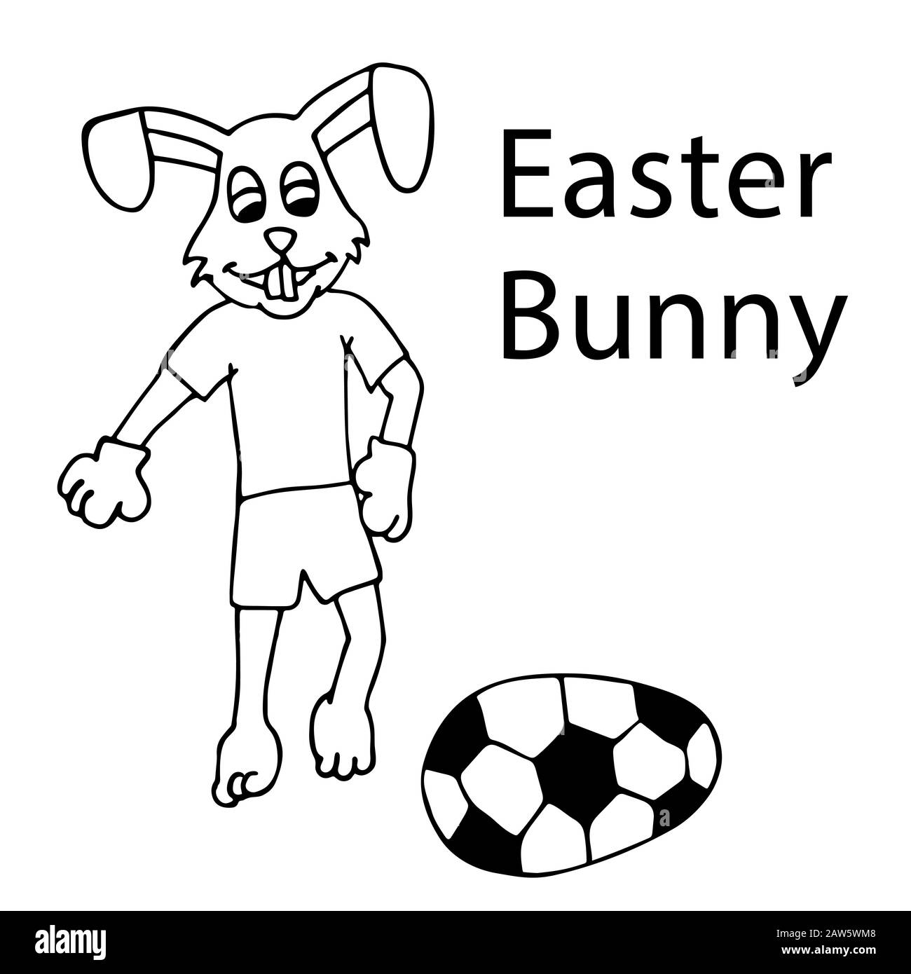 Le lapin de Pâques dans un tracksuit donne un œuf de Pâques sous la forme d'un ballon de football. Fond blanc isolé bande dessinée sur l'illustration vectorielle de stock Illustration de Vecteur