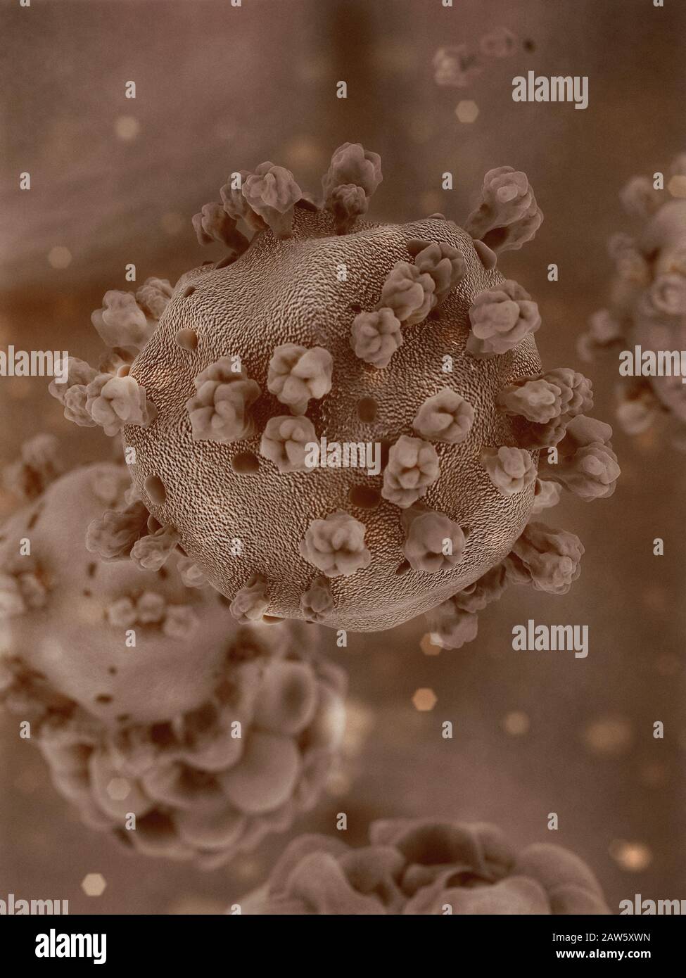 Illustration scientifique du Coronavirus de Wuhan, Chine. Rendu tridimensionnel basé sur des images microscopiques du virus Banque D'Images