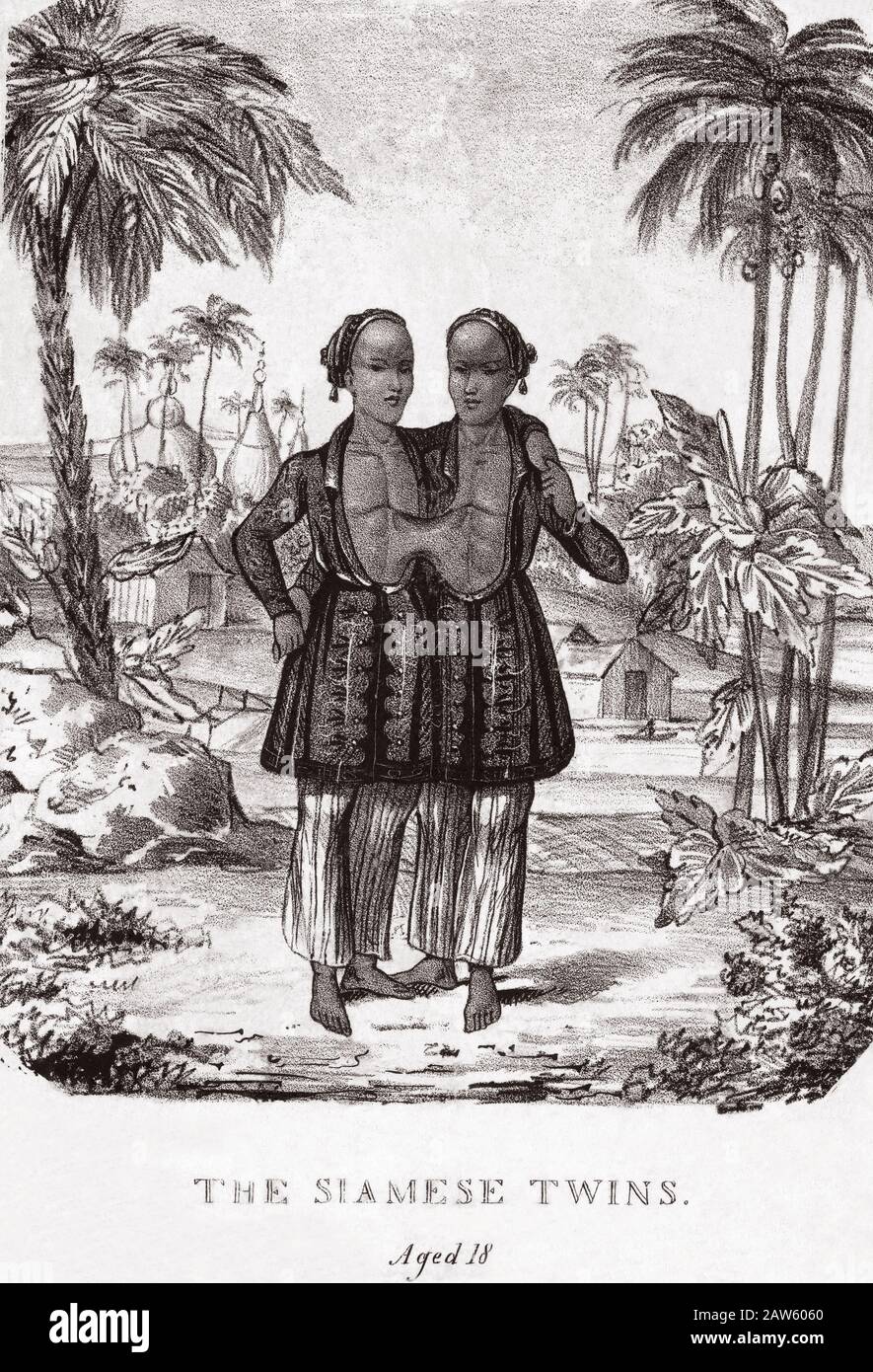 1829 , LONDRES , GRANDE-BRETAGNE : les célèbres jumeaux SIAMOIS Chang et Eng BUNKER ( 1811 - 1874 ), âgés de 18 ans , performatingwith Banque D'Images