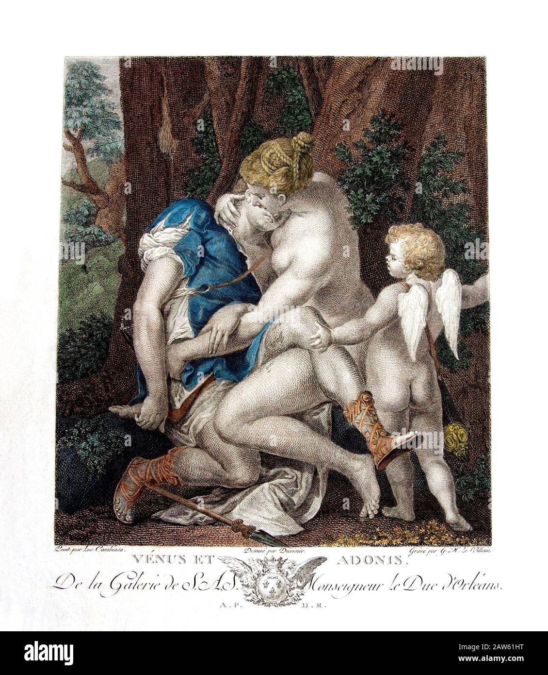 XIX siècle , FRANCE :Le peintre italien de la Renaissance LUCA CAMBIASO ( 1527 - 1585 )' VENERE E ADONE ' Gravé par G.H. Le Villain d'un gravure par Banque D'Images