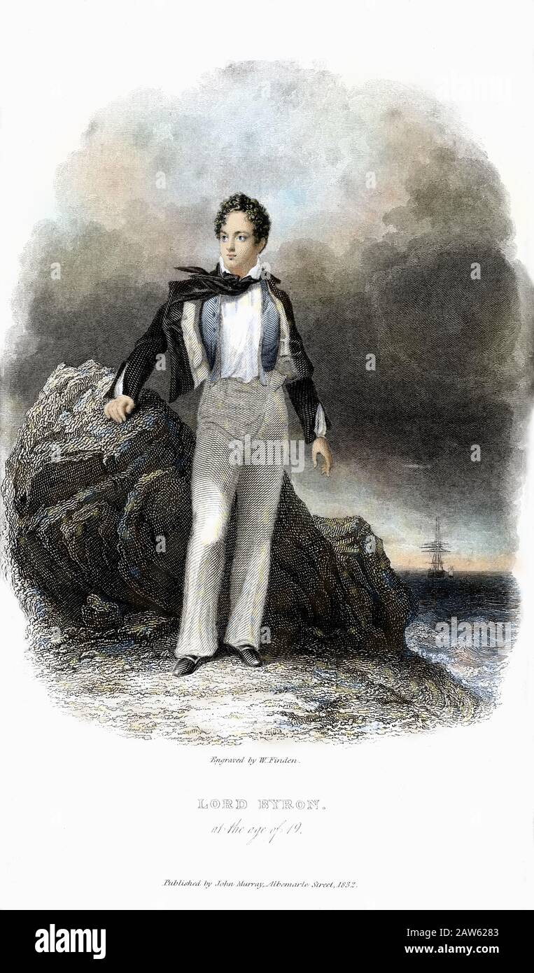 1832 , GRANDE-BRETAGNE : l'écrivain et poète britannique Lord GEORGE GORDON BYRON ( Londres 1788 - Missolungi , Grèce 1824 ) à l'âge de 19 ans , gravé par Banque D'Images