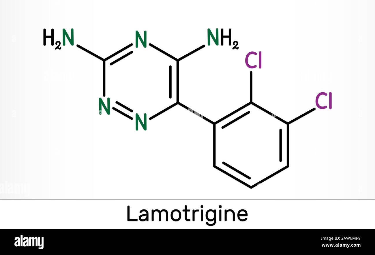 Molécule de Lamotrigine. Il est utilisé dans le traitement de l'épilepsie et du trouble bipolaire. Formule chimique du squelette. Illustration Banque D'Images