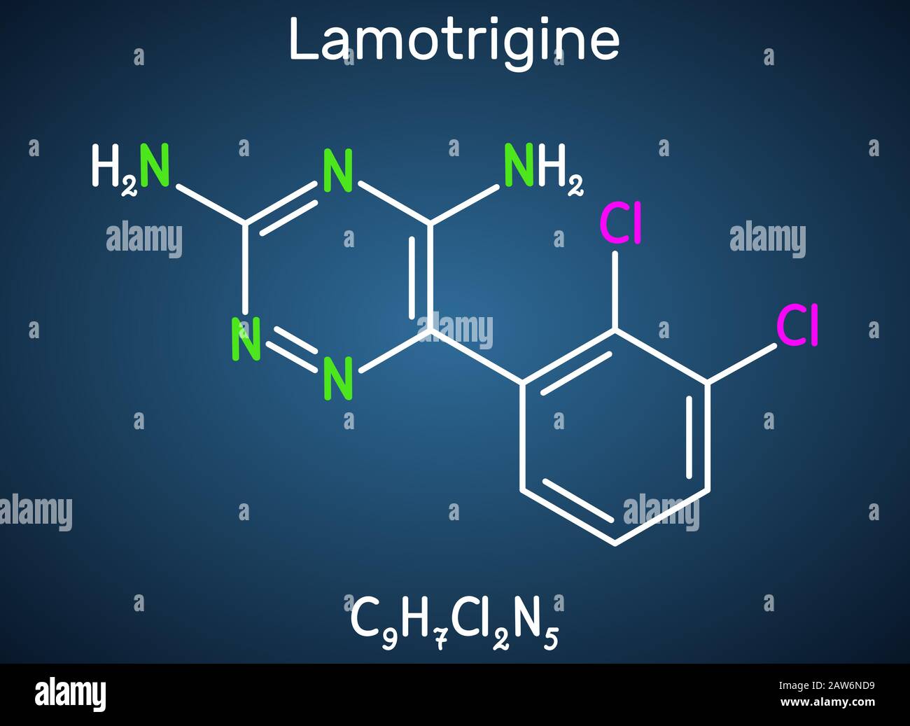 Molécule de Lamotrigine. Il est utilisé dans le traitement de l'épilepsie et du trouble bipolaire. Formule chimique structurelle sur fond bleu foncé. Vecteur il Illustration de Vecteur