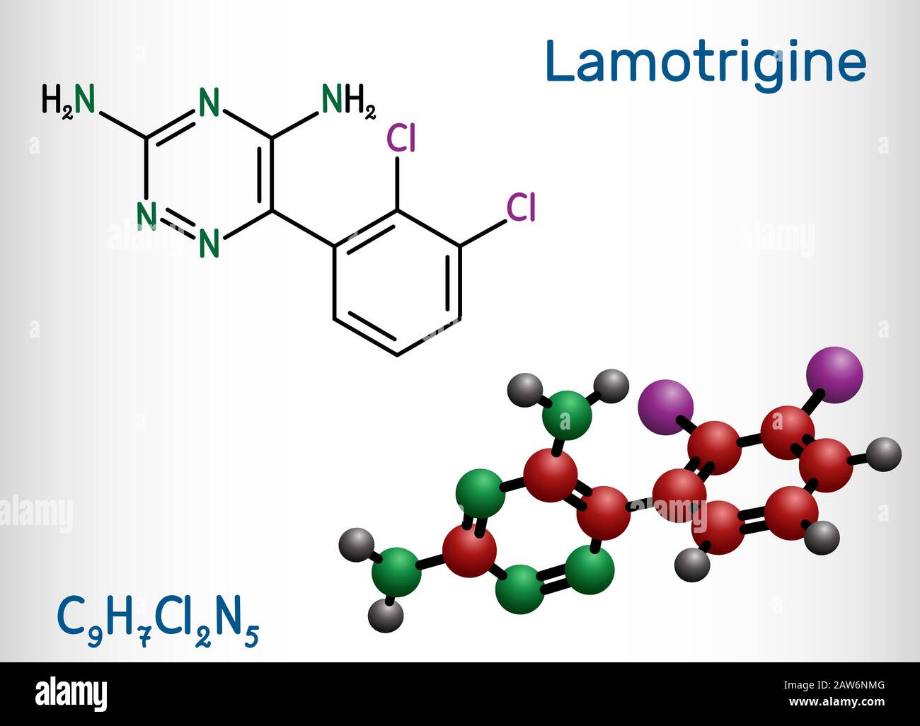 Molécule de Lamotrigine. Il est utilisé dans le traitement de l'épilepsie et du trouble bipolaire. Formule chimique structurelle et modèle de molécule. Illustrati vectoriel Illustration de Vecteur