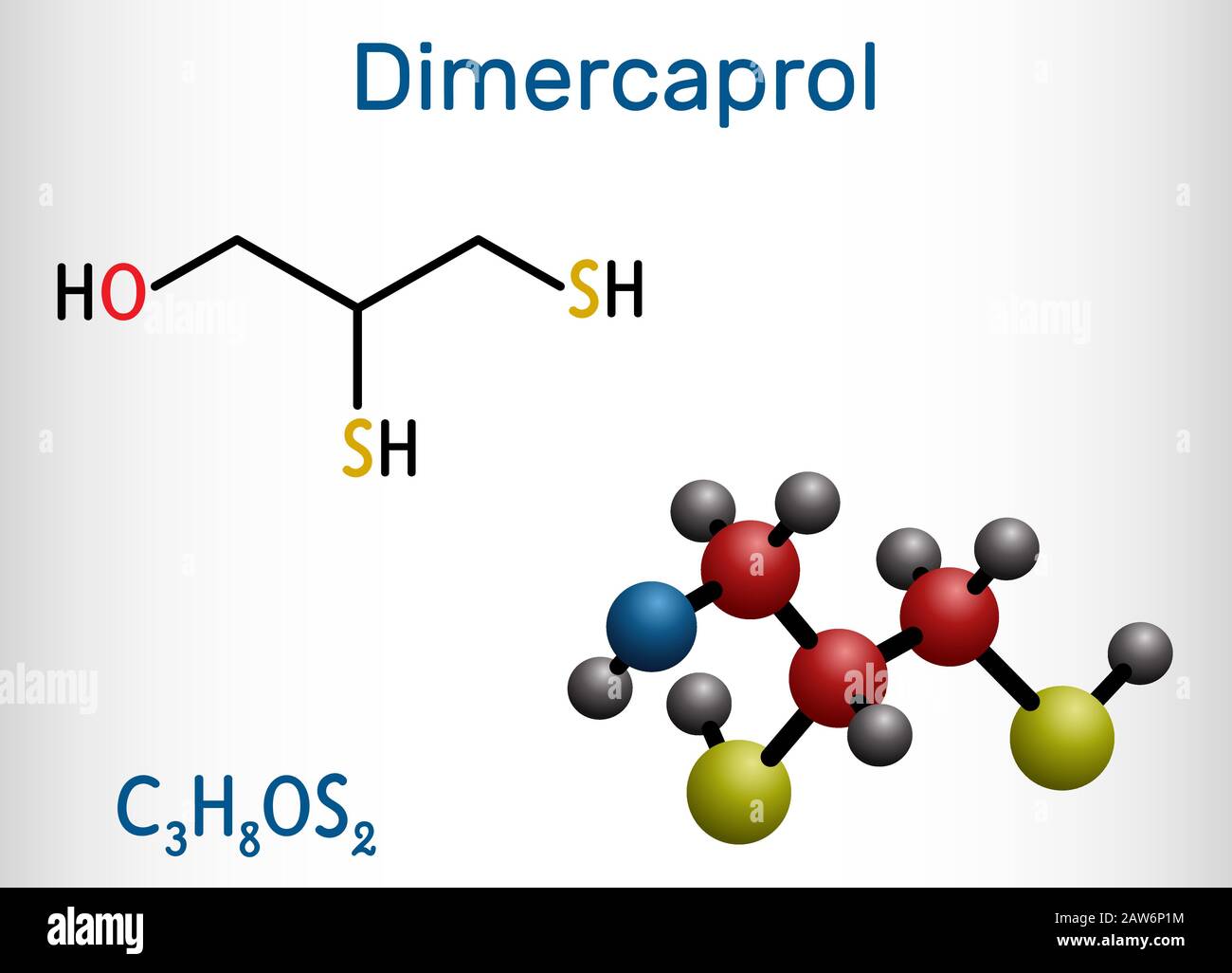 Dimercaprol, bal, anti-Lewisite britannique, C3H8O2, molécule. Il s'agit d'un agent chélatant, antidote contre le lewisite des gaz toxiques. Formule chimique structurelle A Illustration de Vecteur