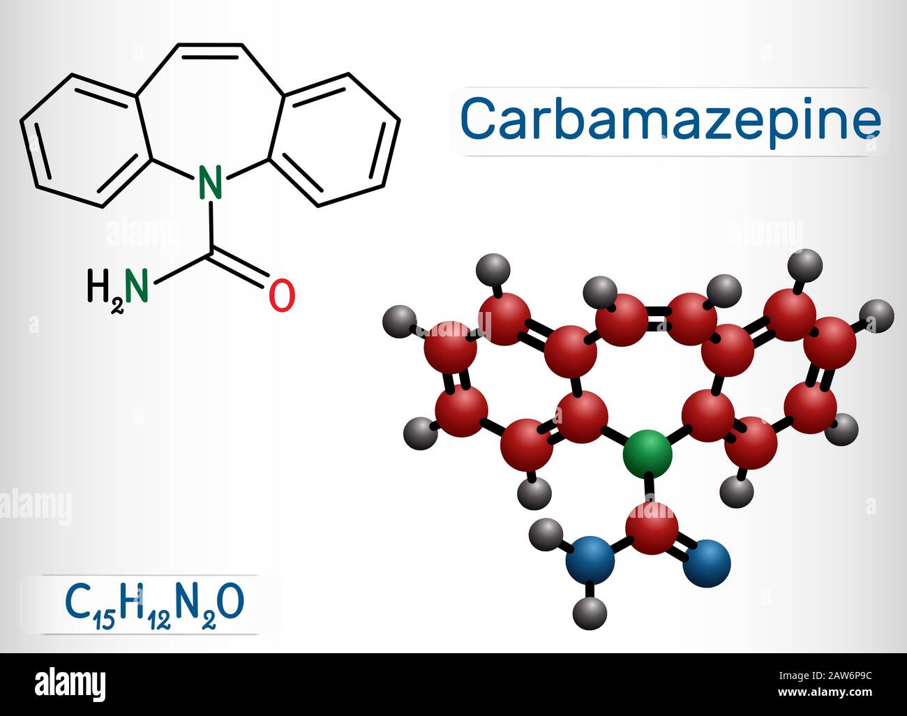 Carbamazépine, CBZ, molécule C15H12N2O. Il s'agit d'un médicament anticonvulsant et analgésique, utilisé dans le traitement de l'épilepsie et de la névralgie trigéminale. Structure che Illustration de Vecteur