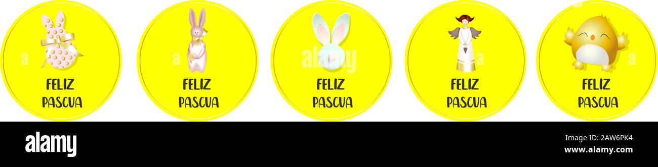 Autocollants de Pâques. Badges ronds. Poulet, ange, lapin. Conception à ressort. Traduction de JOYEUSES PÂQUES espagnoles. Illustration de Vecteur