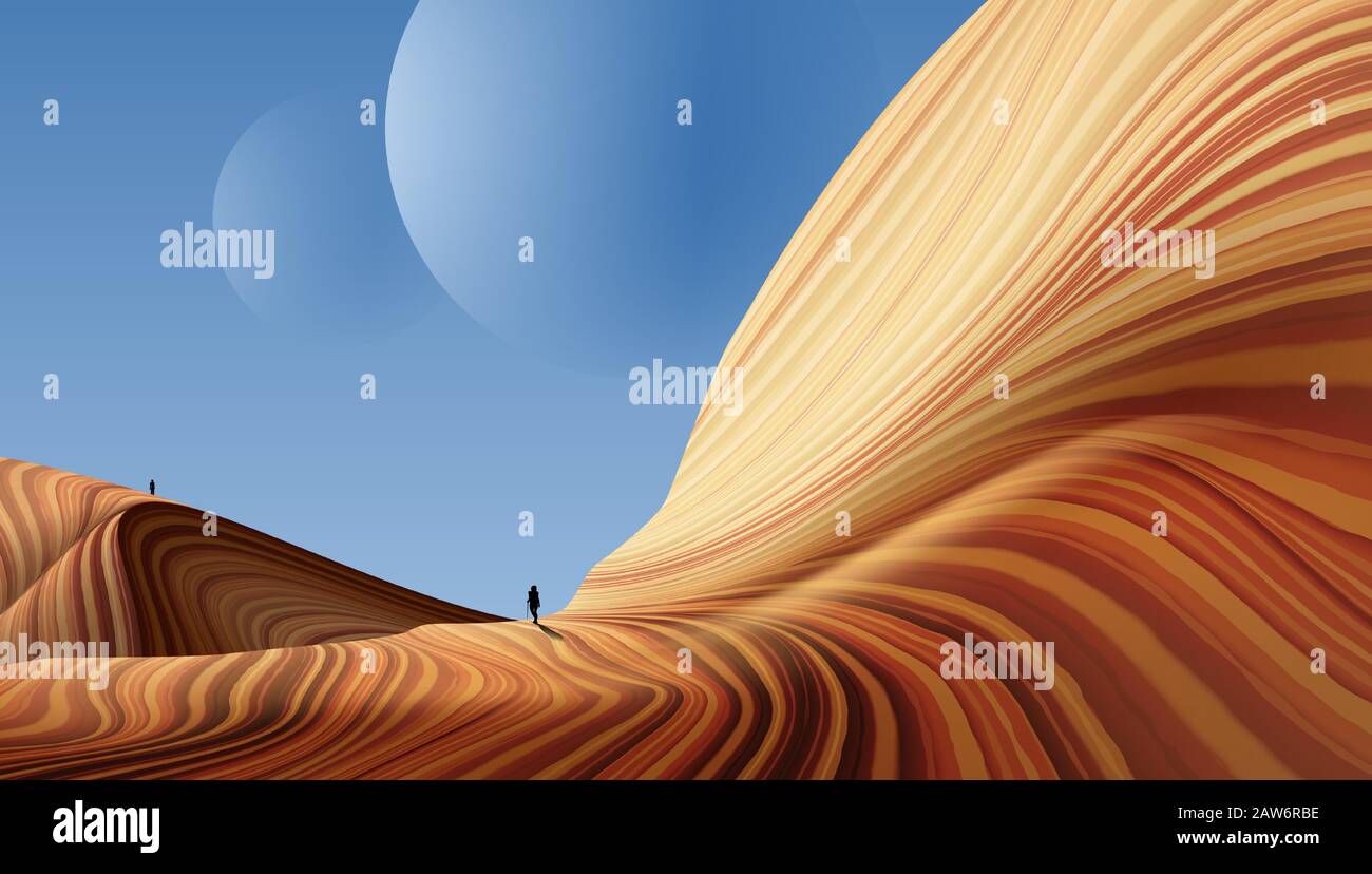 Illustration vectorielle d'un art antilope Les Voyageurs marchent sur une planète étrangère que sa géologie semblable au canyon antilope. Illustration de Vecteur