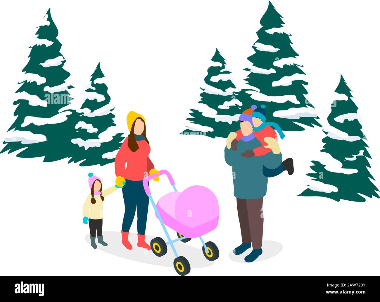 Famille isométrique caucasienne vectorielle avec deux enfants et poussette en vêtements d'hiver à l'extérieur dans la forêt Illustration de Vecteur