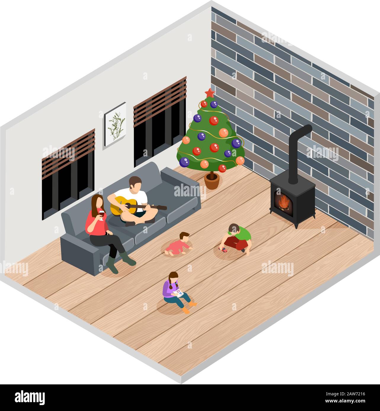 Illustration isométrique vectorielle d'une famille caucasienne avec trois enfants à la maison à Noël Illustration de Vecteur