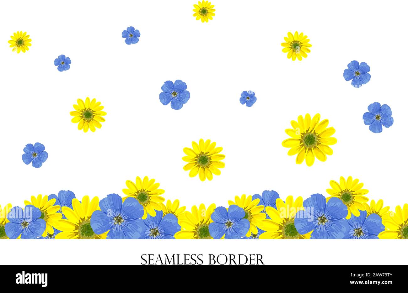 Bordure fleurie sans couture avec fleurs de printemps vives. Dessin horizontal vectoriel sur un arrière-plan blanc. . Illustration de Vecteur