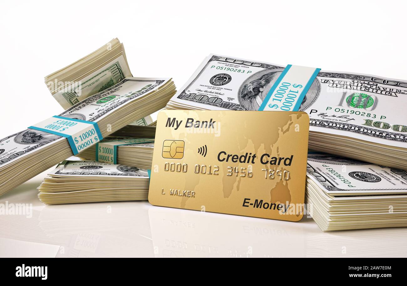 Argent. 100 billets de banque et carte de crédit. Illustration tridimensionnelle sur fond blanc. Banque D'Images