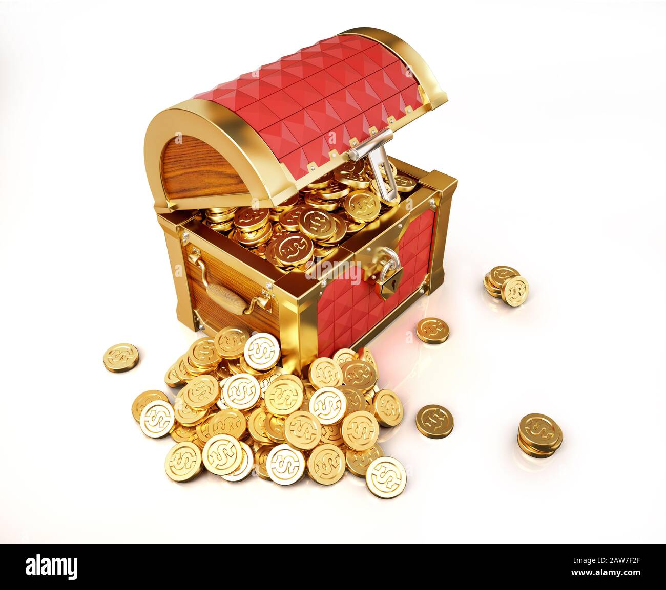 Coffre au Trésor plein de pièces d'or, certains ont récolté à l'extérieur. Illustration tridimensionnelle sur fond blanc. Banque D'Images