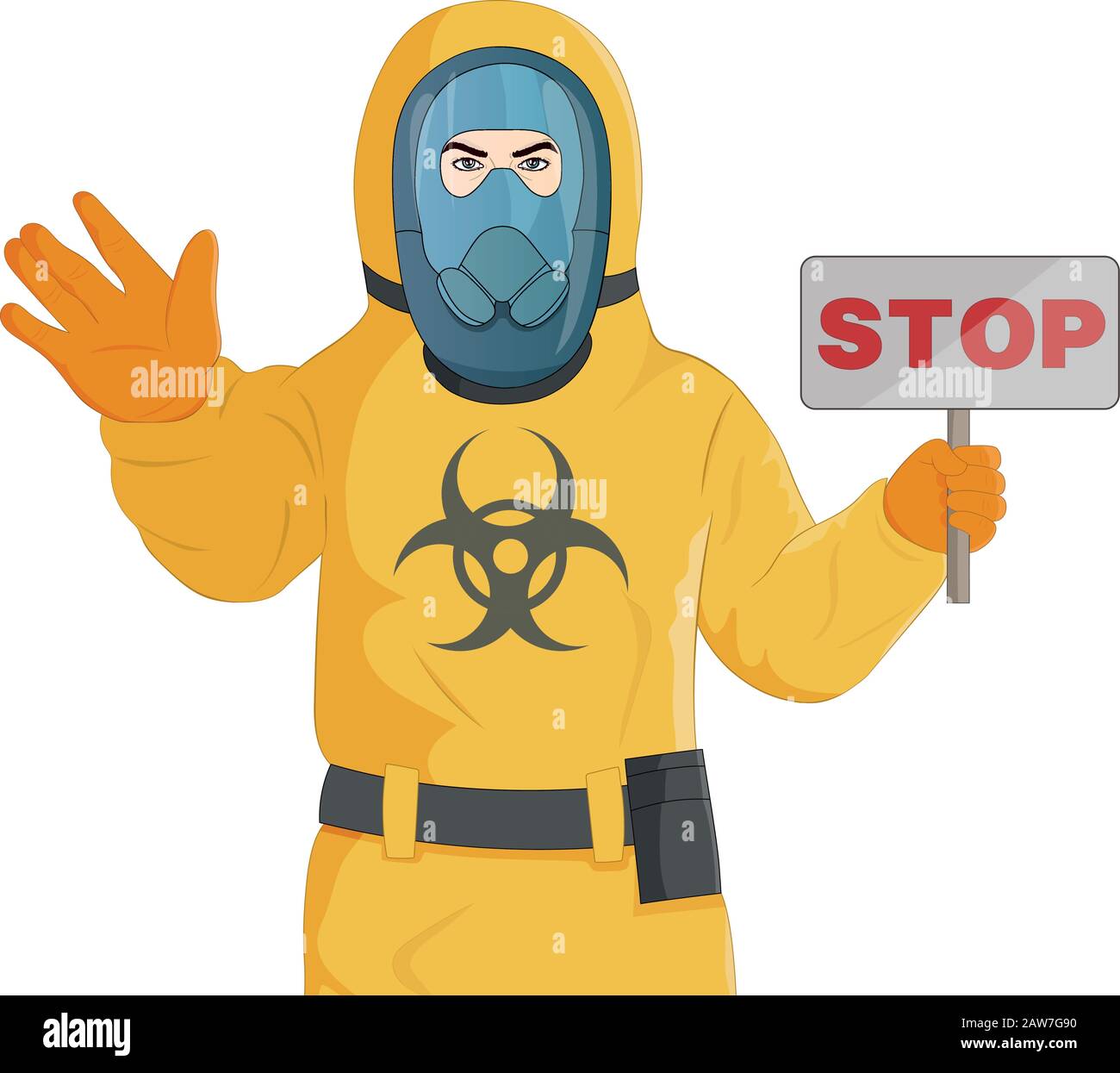 Homme En Costume De Protection Jaune Et Masque À Gaz Debout Avec Panneau D'Arrêt Illustration de Vecteur