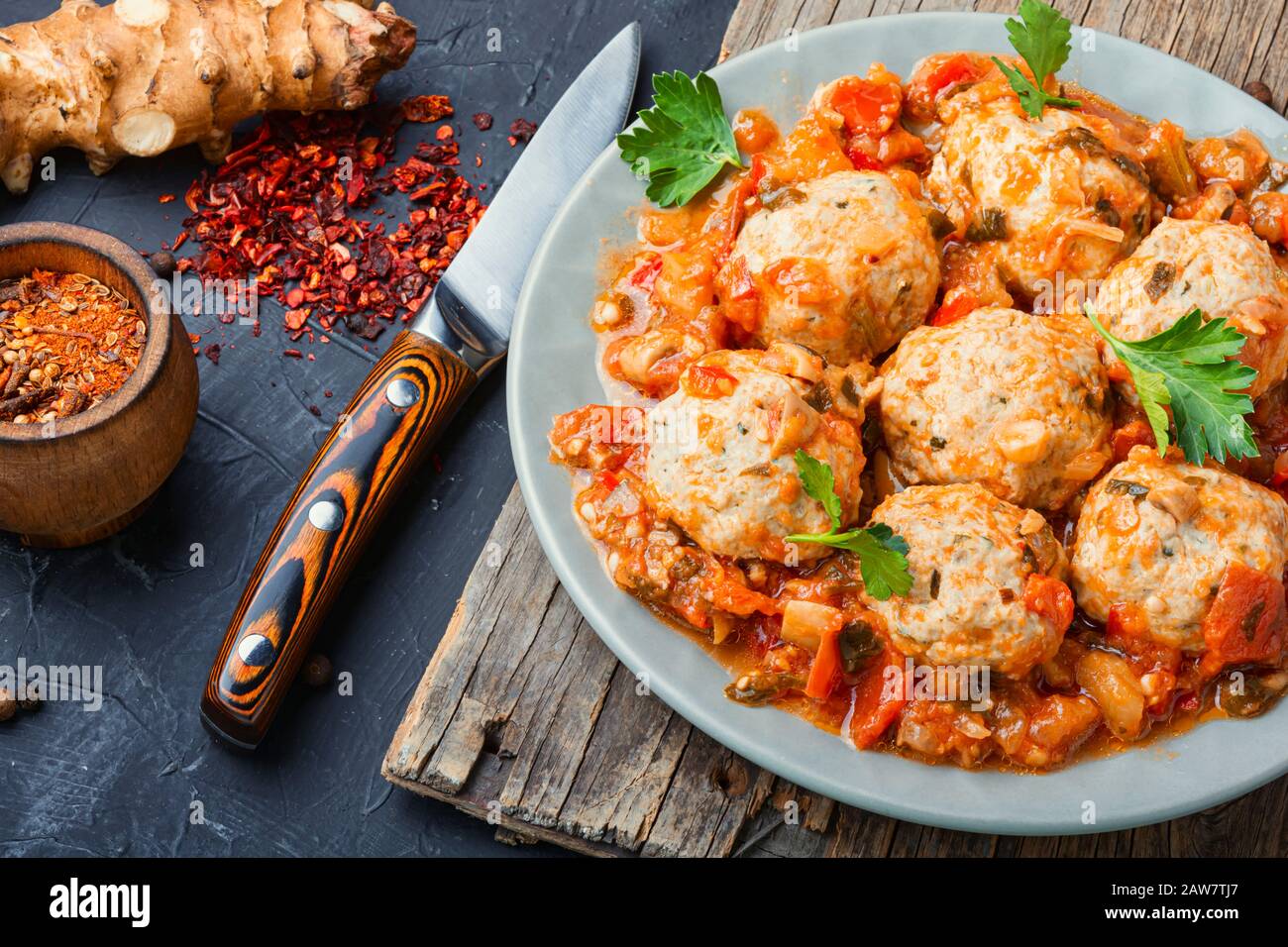 Faites cuire des côtelettes de poulet avec des artichaut de Jérusalem.boulettes De poulet Cuites À La Vapeur.Rissole Banque D'Images