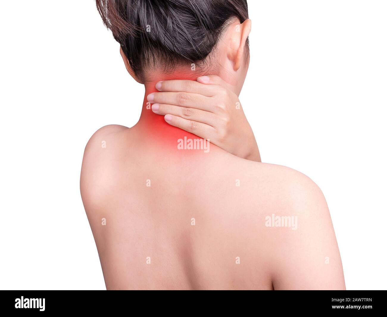 femme souffrant de douleurs au cou en utilisant le massage des mains douloureux cou et nuque. rouge effet de surbrillance au cou , muscles du cou isolés sur fond blanc. hea Banque D'Images