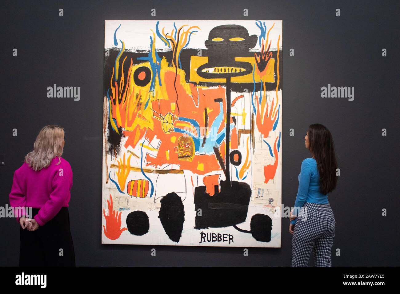 Londres, Royaume-Uni - 7 février 2020: Jean-Michel Basquiat, caoutchouc, 1985, acrylique, bâton d'huile et collage sur toile. Estimation: 6-8 millions de livres seront offerts dans l'enchère De Soirée d'art contemporain de Sotheby le 11 février. amer ghazzal/Alay Live News Banque D'Images