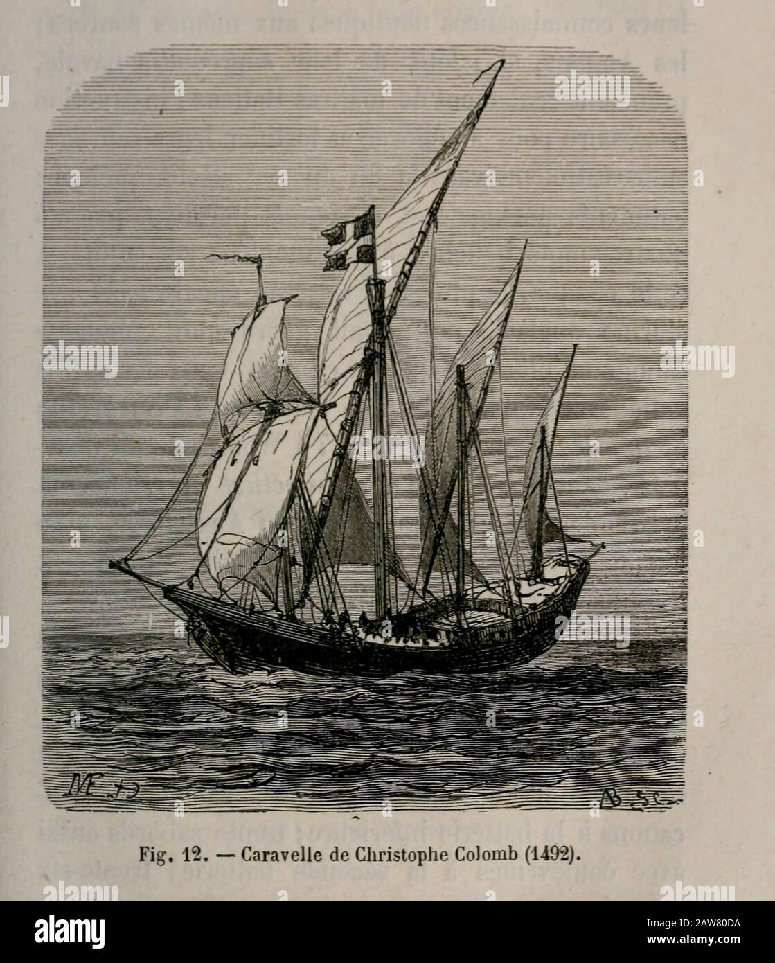 Imprimé bois du XIXe siècle d'une Caravel utilisée par Christophe Colomb sur papier d'un navire de l'art naval de Leon Renard, Publié en 1881 Banque D'Images