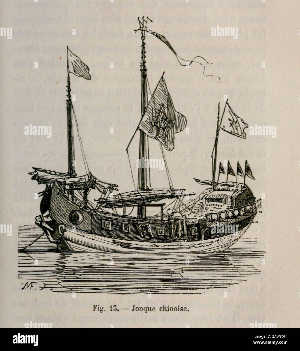 Imprimé bois du XIXe siècle sur papier d'un navire de la Junk chinoise de l'art naval de Leon Renard, Publié en 1881 Banque D'Images