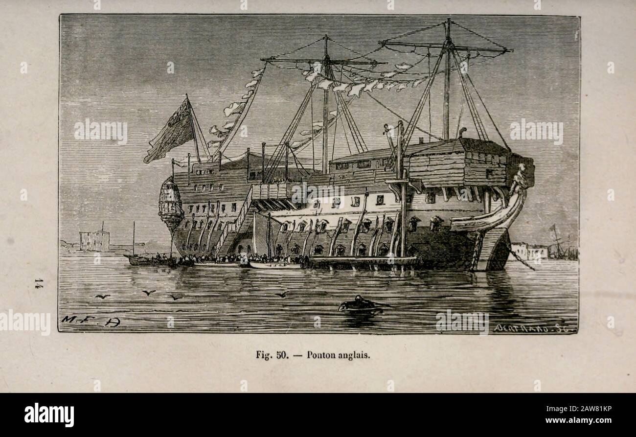 Tirage de bois du XIXe siècle sur papier d'un ponton anglais de l'art naval de Leon Renard, Publié en 1881 Banque D'Images