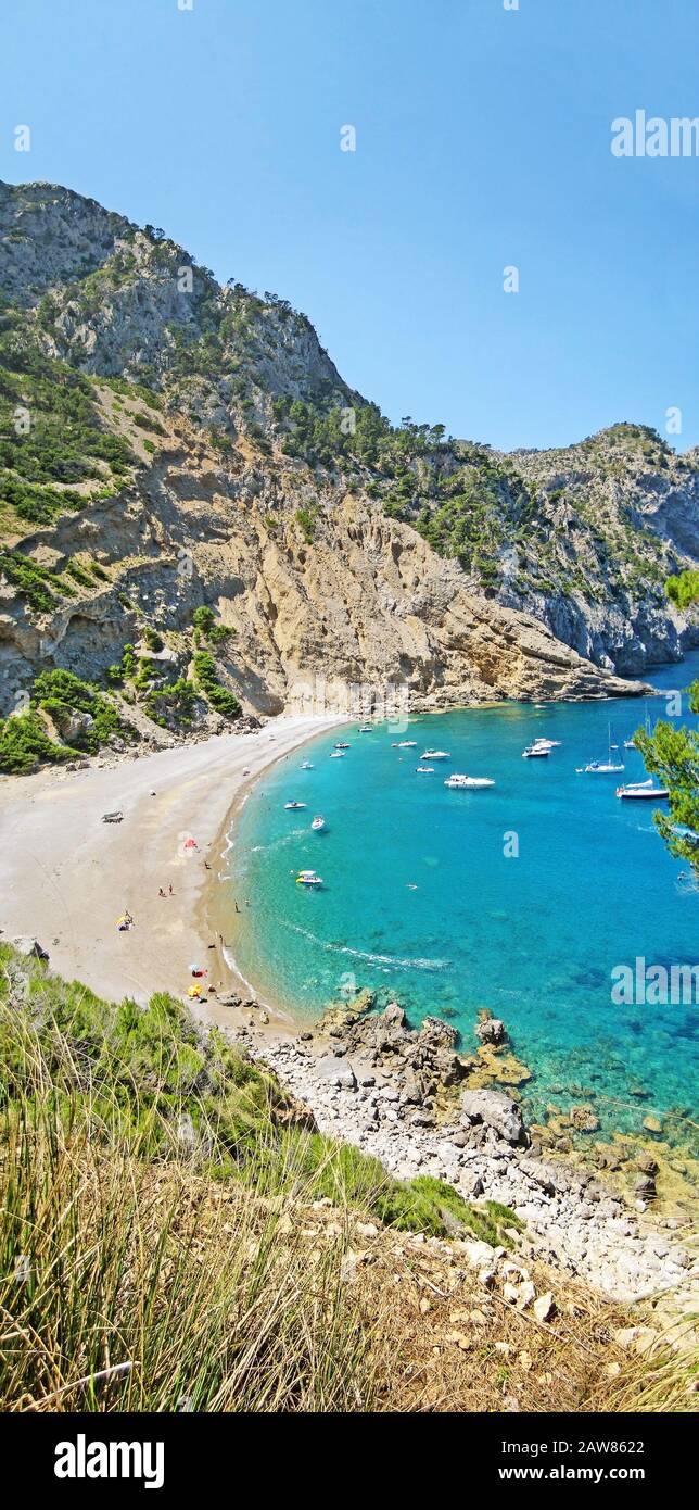 Coll Baix célèbre baie avec plage, Majorque, Espagne - vue de dessus - panorama vertical Banque D'Images