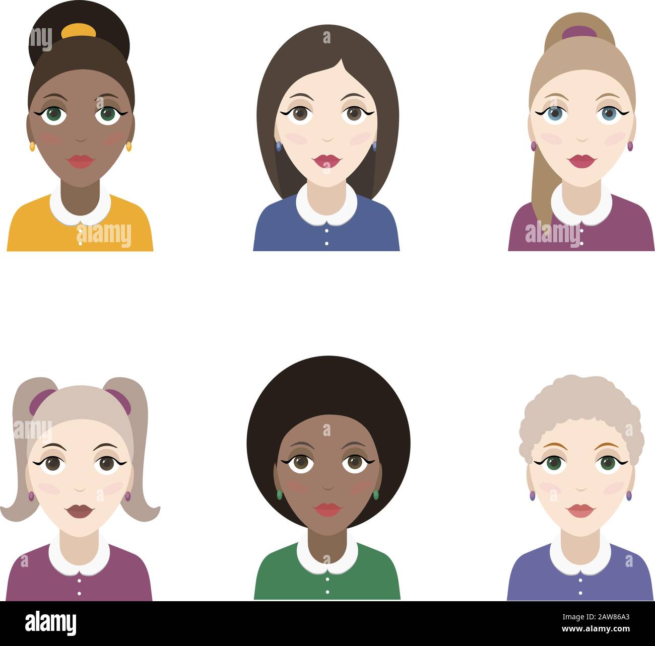 Ensemble d'avatars divers isolés sur fond blanc. Différents vêtements et styles de cheveux. Illustration de Vecteur