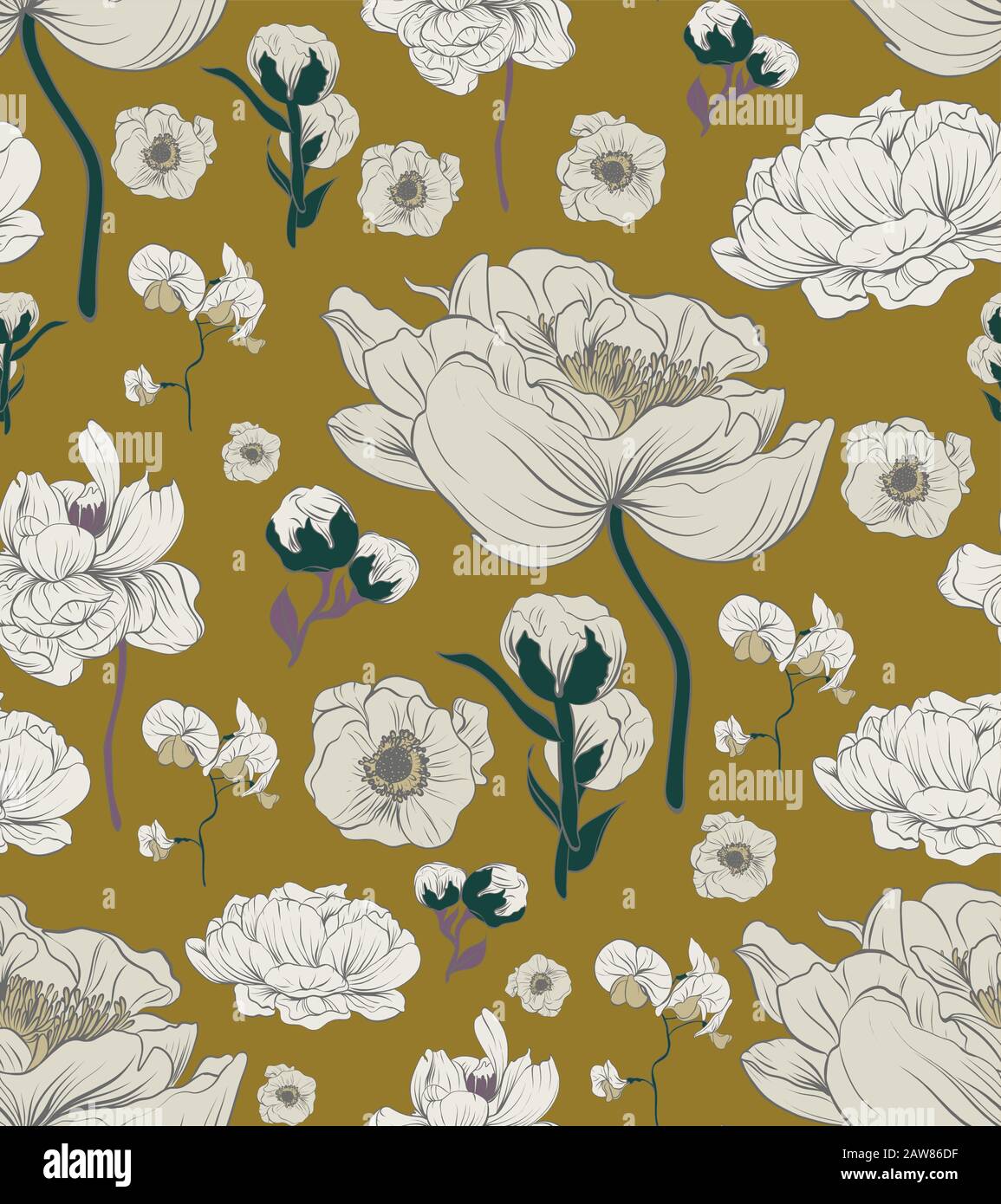 Écharpe en soie colorée avec des coquelicots fleuris, des orchidées et des pivoines. Noir, bordeaux, beige sur moutarde Illustration de Vecteur