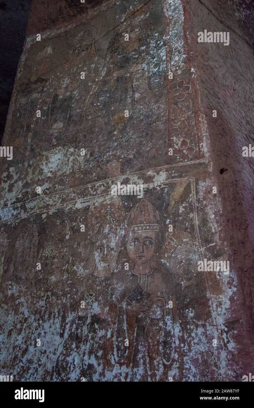 Mur peint dans l'église souterraine de Lalibela, Ethiopie Banque D'Images