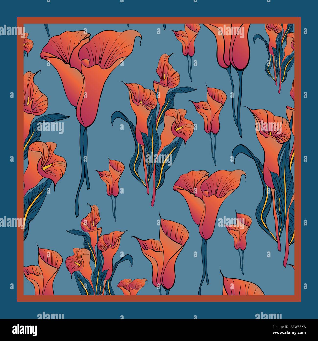 Des couleurs délicates du foulard en soie avec des callas fleuries. Illustration de Vecteur