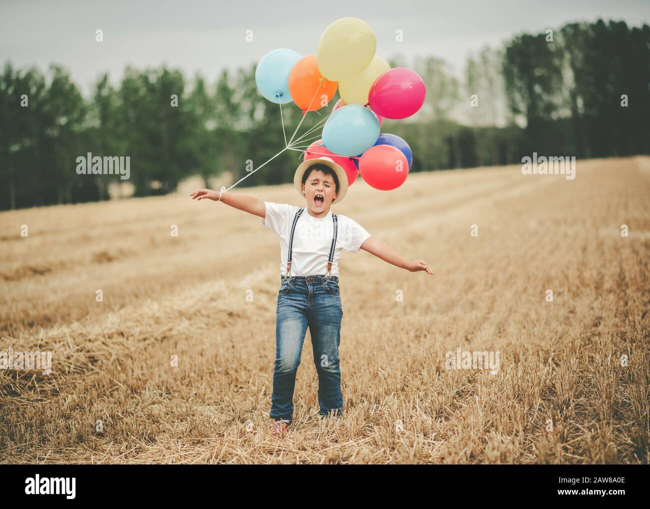 un enfant heureux avec des ballons dans le champ en plein air Banque D'Images