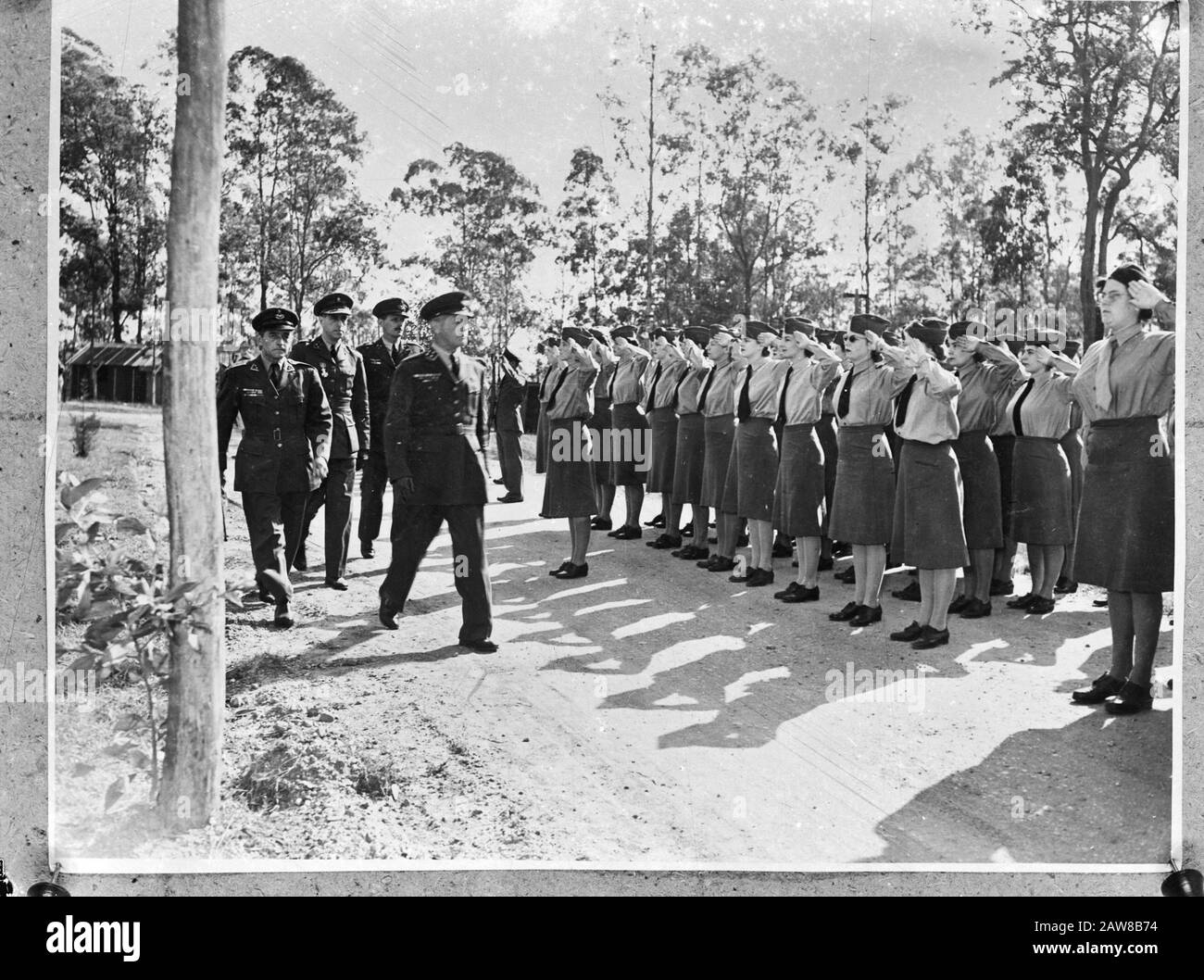 Lieutenant général L. M. Oyen, commandant de la KNIL, a décoré le sergent M.C. Kokkelink de l'ordre militaire de William au camp Columbia à Brisbane. Le Sergent Kokelink a été le chef d'un groupe de guérilleros néerlandais-indiens qui ont combattu les Japonais pendant deux ans et demi à l'oiseau en Nouvelle-Guinée. Inspection du corps des femmes par le Lieutenant-général Van Oyen, suivi du Capitaine S.E. Caldo, Major général N.L.W. Rues et Lt. Col. G. A. le Stoppelaar Date : 8 août 1945 lieu : Australie, Brisbane mots clés : inspections, armée, soldats, officiers, nom De La Personne de la seconde Guerre mondiale : Caldo, S.E., Oyen, L. H. Banque D'Images